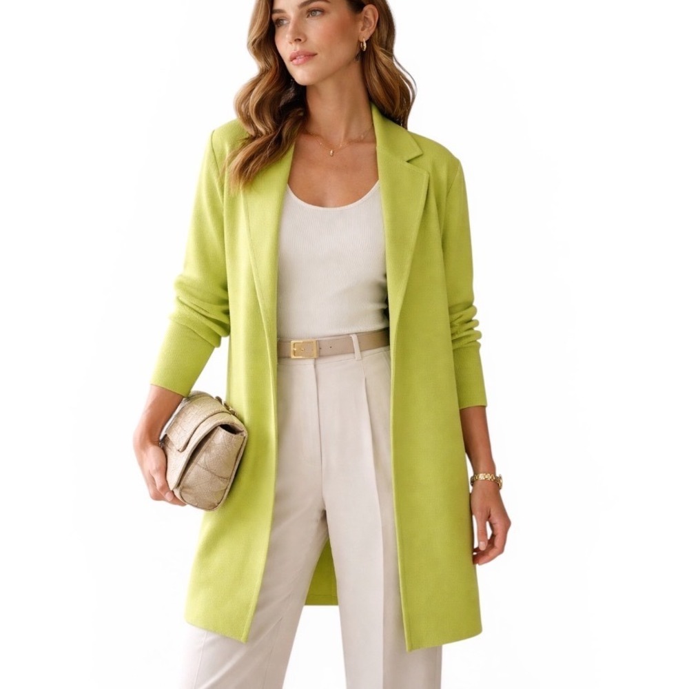 Plein Air Womens Lime Green Open Front Longline Cardigan Blazer Layer Size L